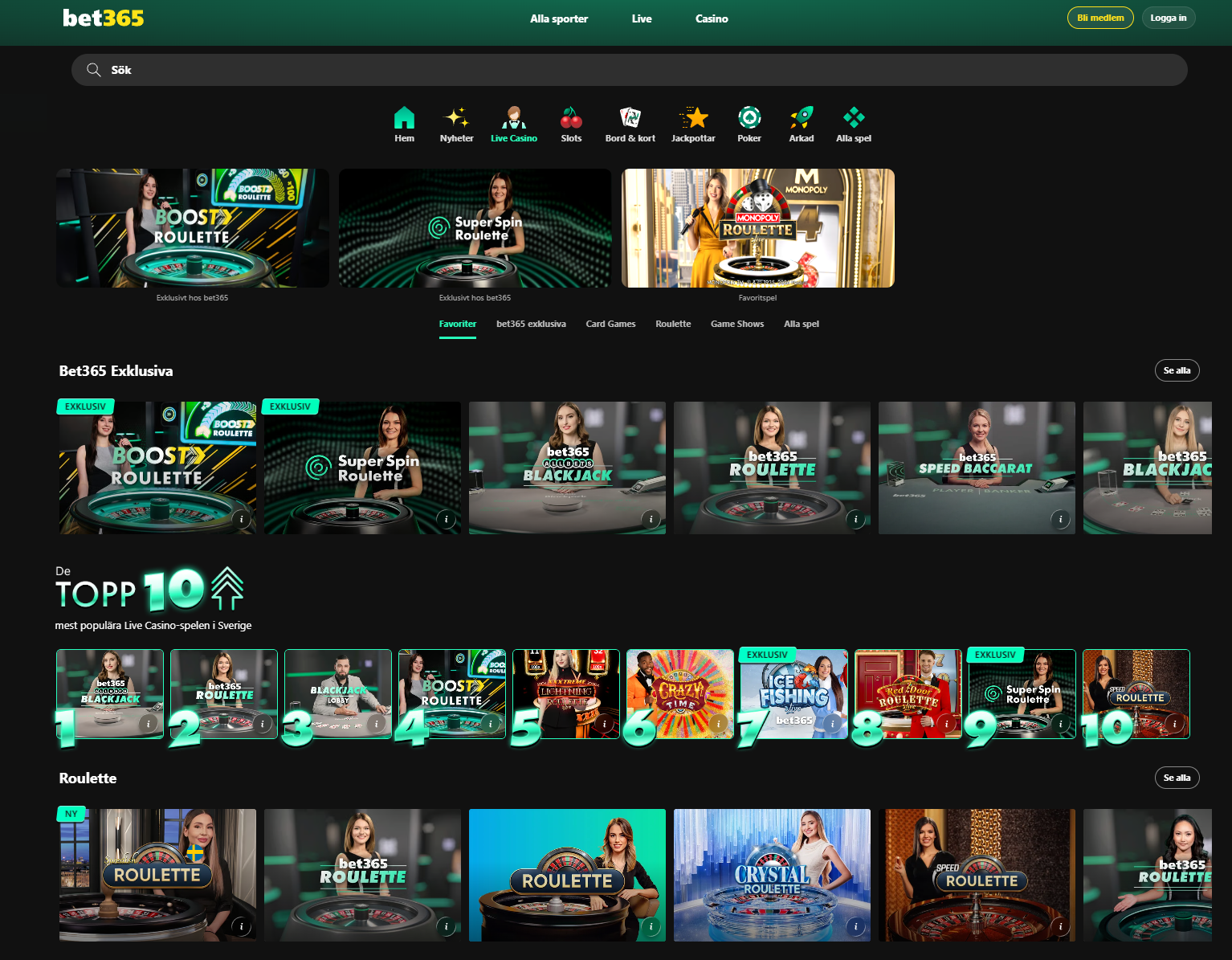 Bet365 Live Casino med exklusiva livespel, roulette, blackjack och andra dealerledda casinospel.