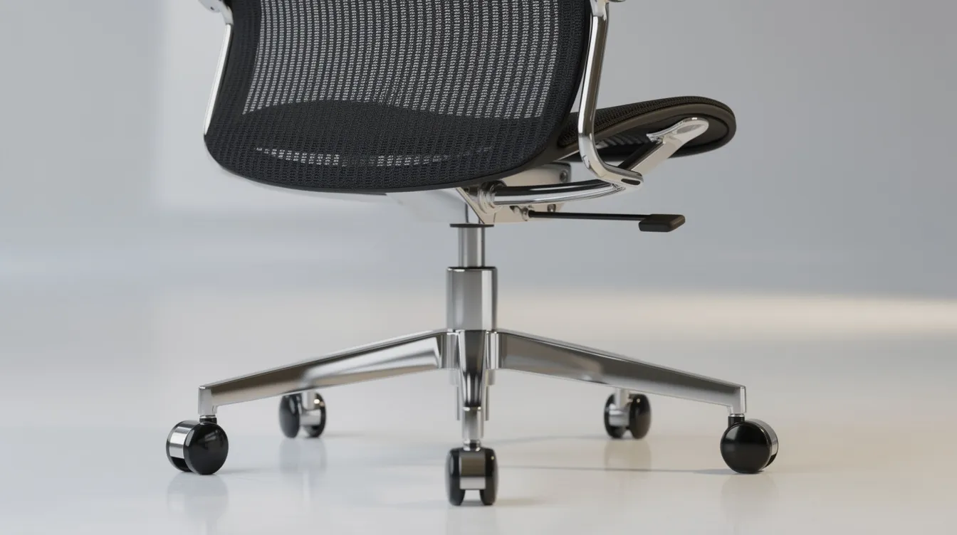Närbild på en ergonomisk kontorsstol med en mesh-rygg och ett polerat aluminium-underrede, vilket ger en snygg och modern design. Stolen erbjuder bra stöd och komfort för långa timmar vid skrivbordet, perfekt för arbetsplatsen eller hemmakontoret.