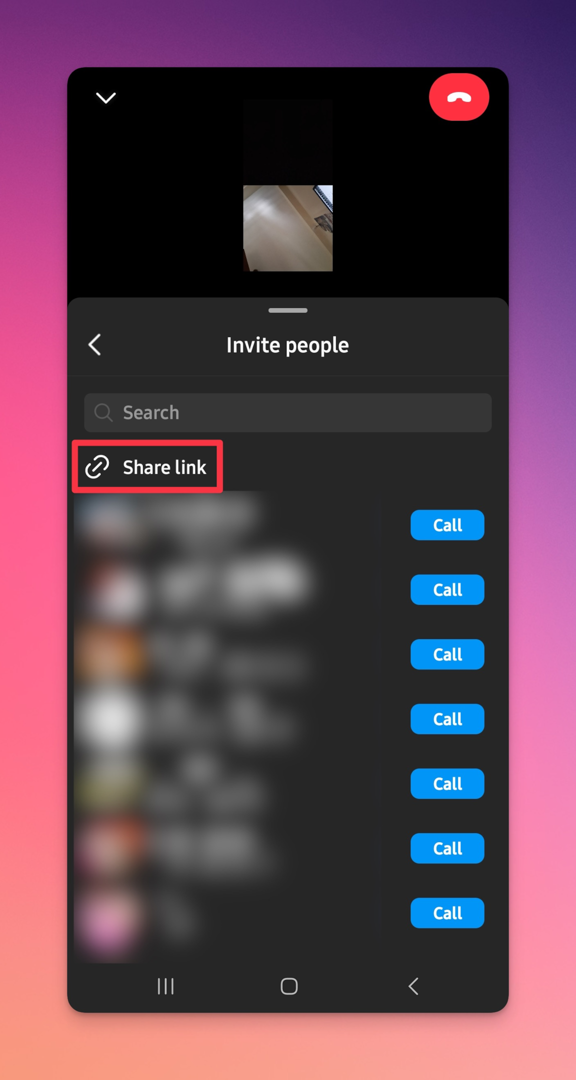 Remote.tools shows how to invite people to join your video call on Instagram. Share link button is highlighted which you can use to invite users via other messaging apps