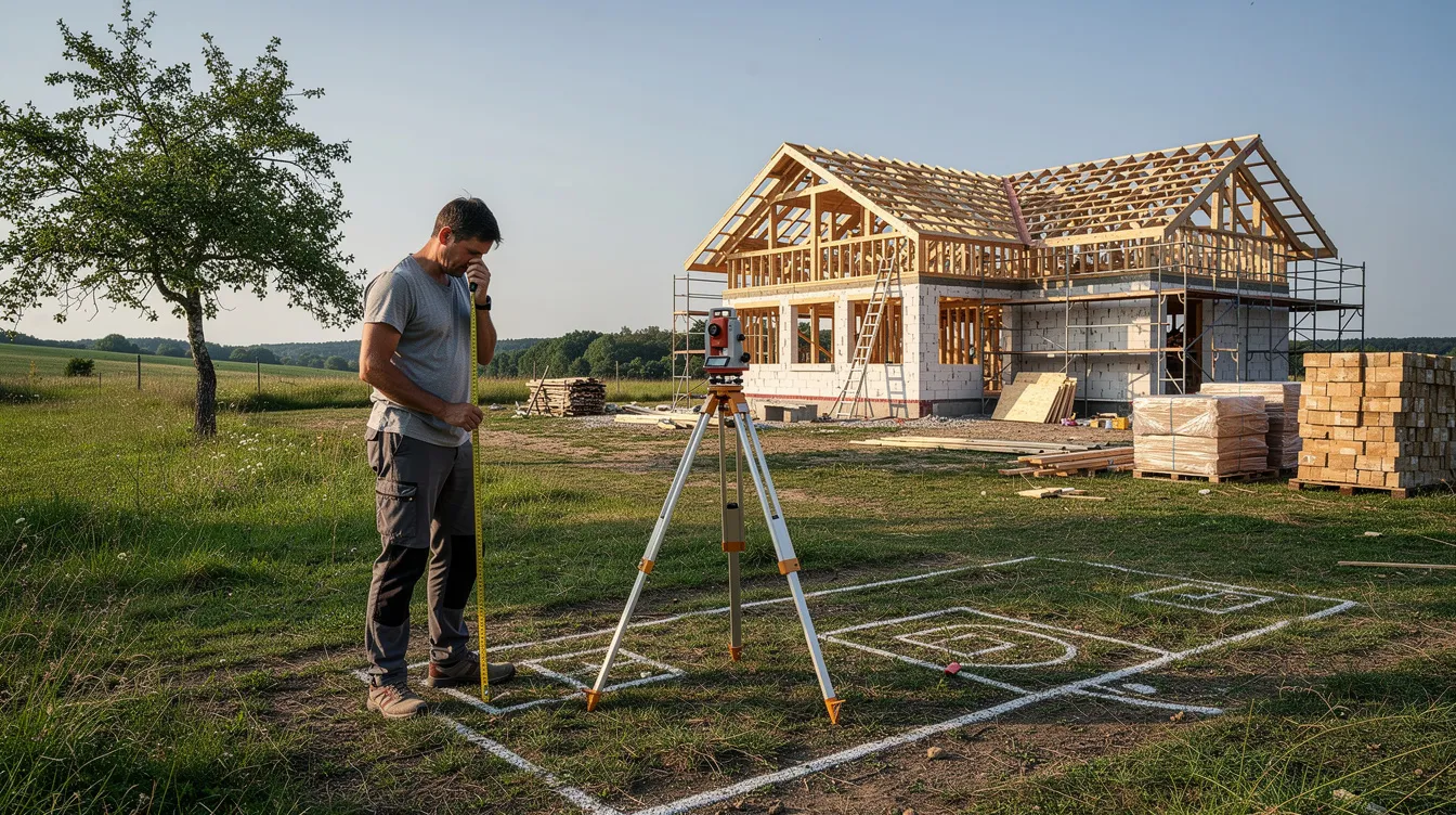 Une personne examine un terrain à l'aide d'outils de mesure, se tenant devant une maison de campagne en construction. Ce projet pourrait nécessiter l'installation d'une micro station d'épuration pour le traitement des eaux usées, soulignant l'importance de l'assainissement non collectif dans les zones rurales.