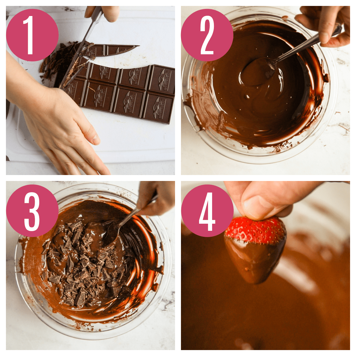 four step by step photos of tempering chocolate 