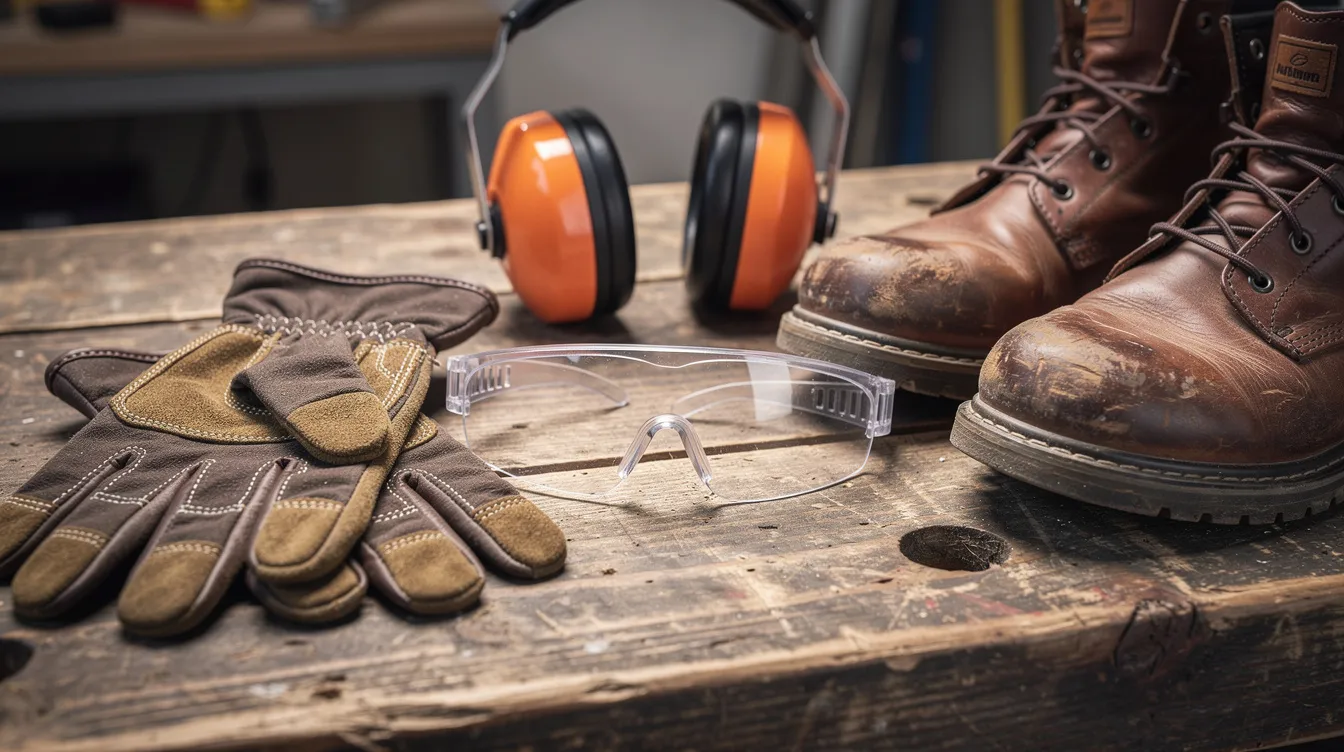 A close-up view of construction safety gear is displayed on a workbench, featuring gloves, protective goggles, ear protection, and steel-toe boots, emphasizing the importance of safety in professional concrete removal projects. This arrangement illustrates the essential materials needed to protect workers from safety hazards on the job site.
