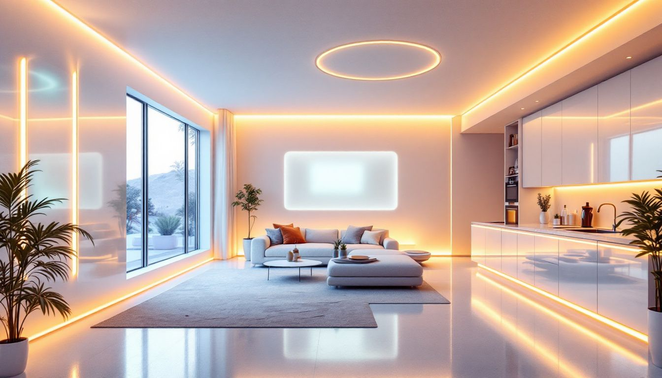 A beautifully lit living space with smart lighting, demonstrating the optimization of smart lighting for every room.