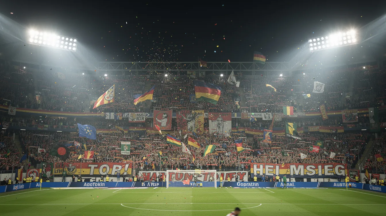 Das Bild zeigt ein volles Fußballstadion bei Flutlicht, in dem jubelnde Fans auf den Rängen stehen und ihre Mannschaft anfeuern. Die Atmosphäre ist elektrisierend, während die Zuschauer begeistert ihre Schals schwenken und den Spielverlauf mit Spannung verfolgen.
