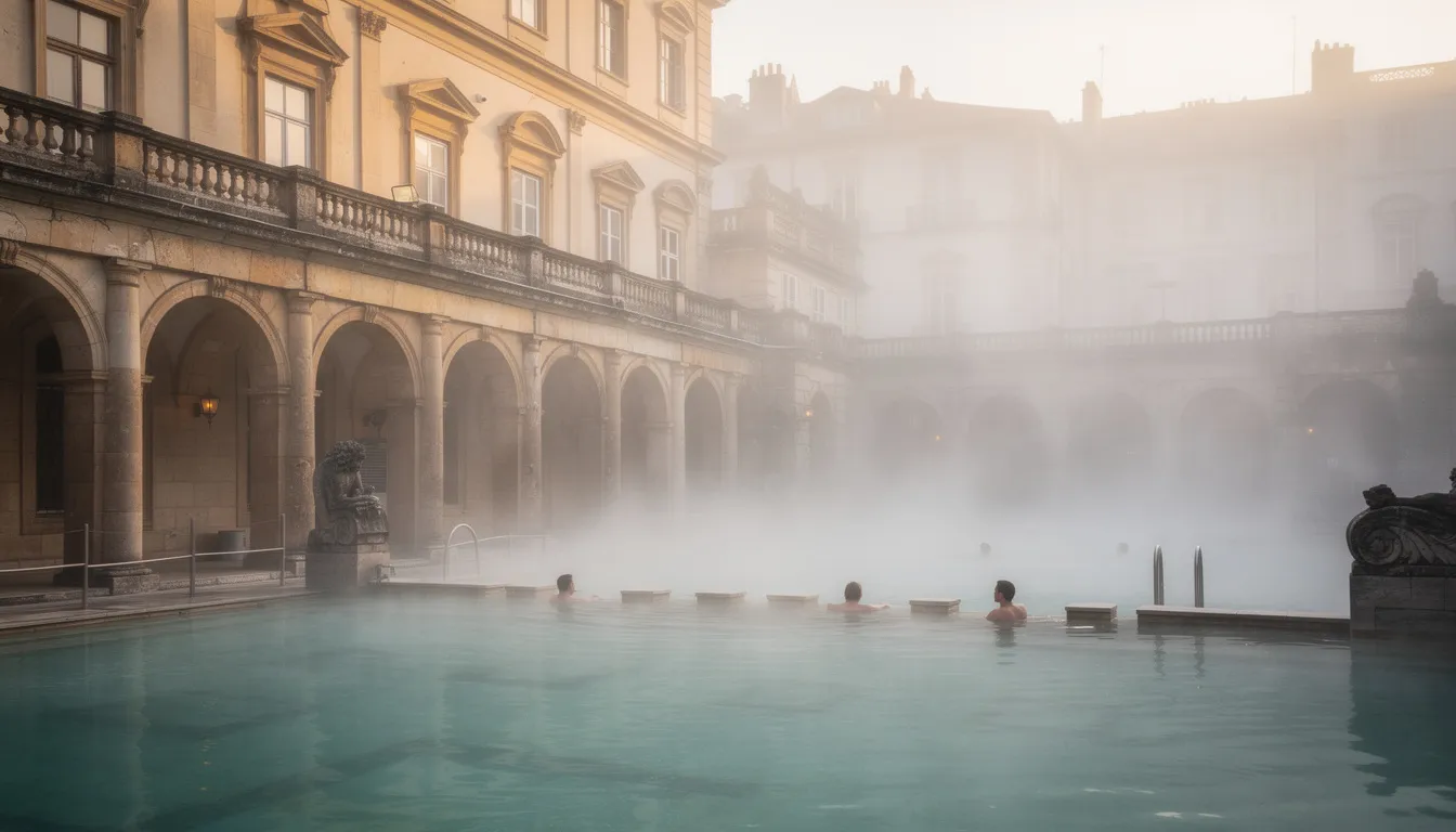 L'image montre des bains thermaux extérieurs avec une architecture historique, enveloppés de vapeur d'eau, offrant un cadre relaxant et culturel. Ces bains sont une destination prisée en Hongrie, attirant à la fois les étudiants en recherche scientifique et les visiteurs en quête d'une expérience unique.