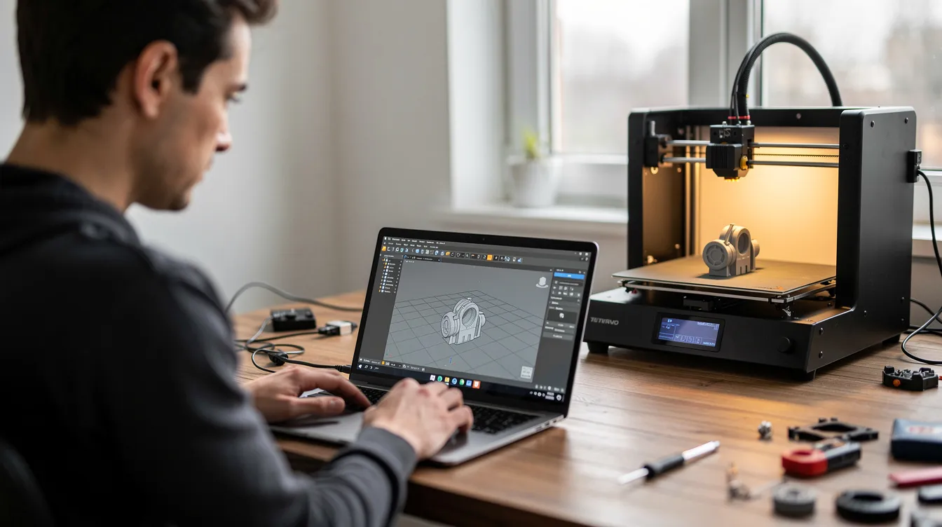A person is seated at a desk, focused on a laptop displaying a freshly generated 3D model, while a 3D printer operates in the background, showcasing the process of creating ai generated models. The scene highlights the intersection of technology and creativity, ideal for product visualization and commercial projects.