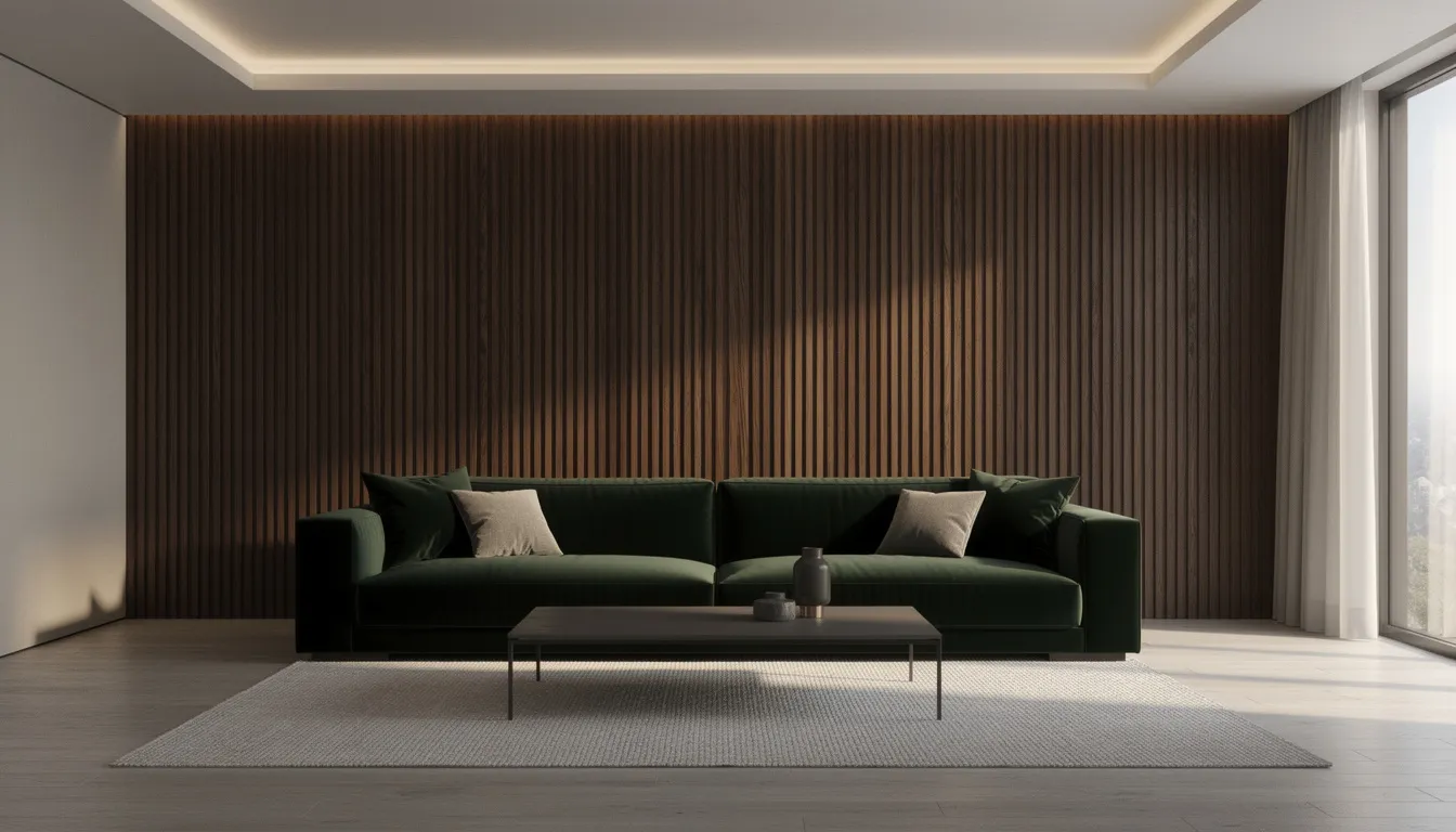 Een moderne woonkamer met een donkere houten lattenwand achter een fluwelen bank, die een luxe uitstraling en warme houtlook biedt. De strakke afwerking van de wandpanelen zorgt voor een stijlvolle upgrade van de ruimte.