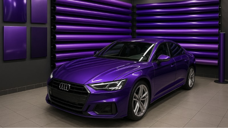 Display of different finishes of purple vinyl wrap in a wrapping studio
