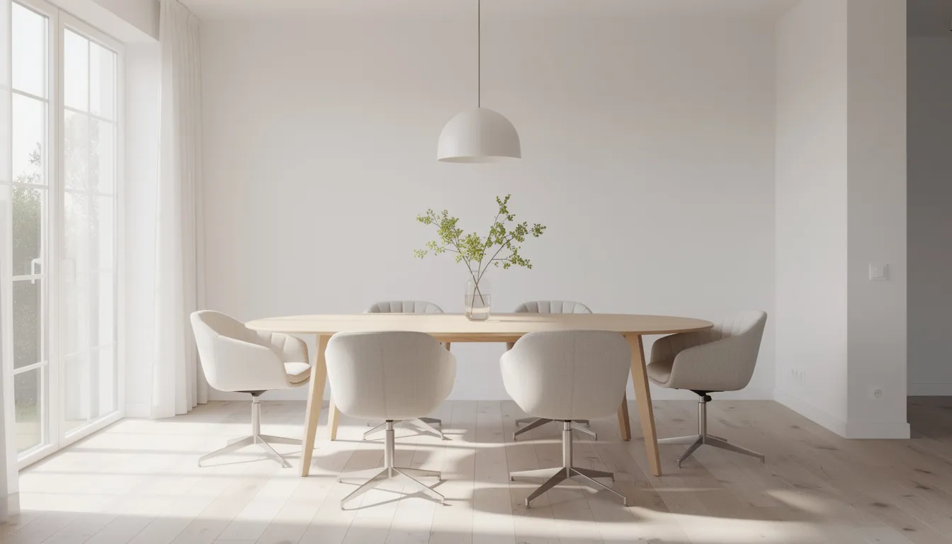 En modern matplats med ljusa snurrstolar i tyg runt ett ovalt träbord i skandinavisk stil. Snurrstolarna visar upp olika färger och ger en inbjudande känsla till rummet.