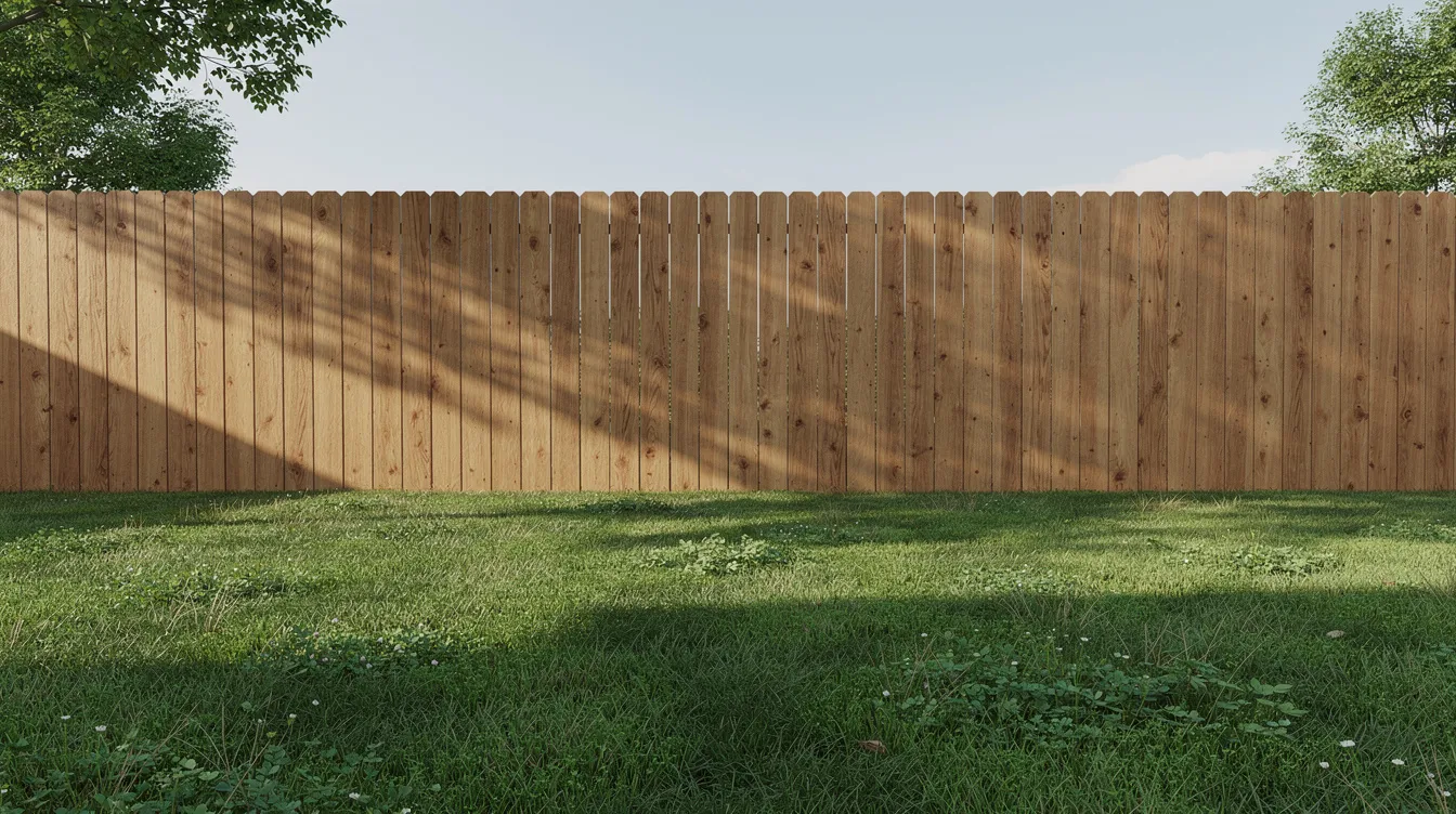 The image depicts a suburban backyard featuring a tall wooden privacy fence, made of vertical boards, surrounding a lush green lawn. This traditional wood fence enhances the outdoor space while providing security and privacy for the homeowners.