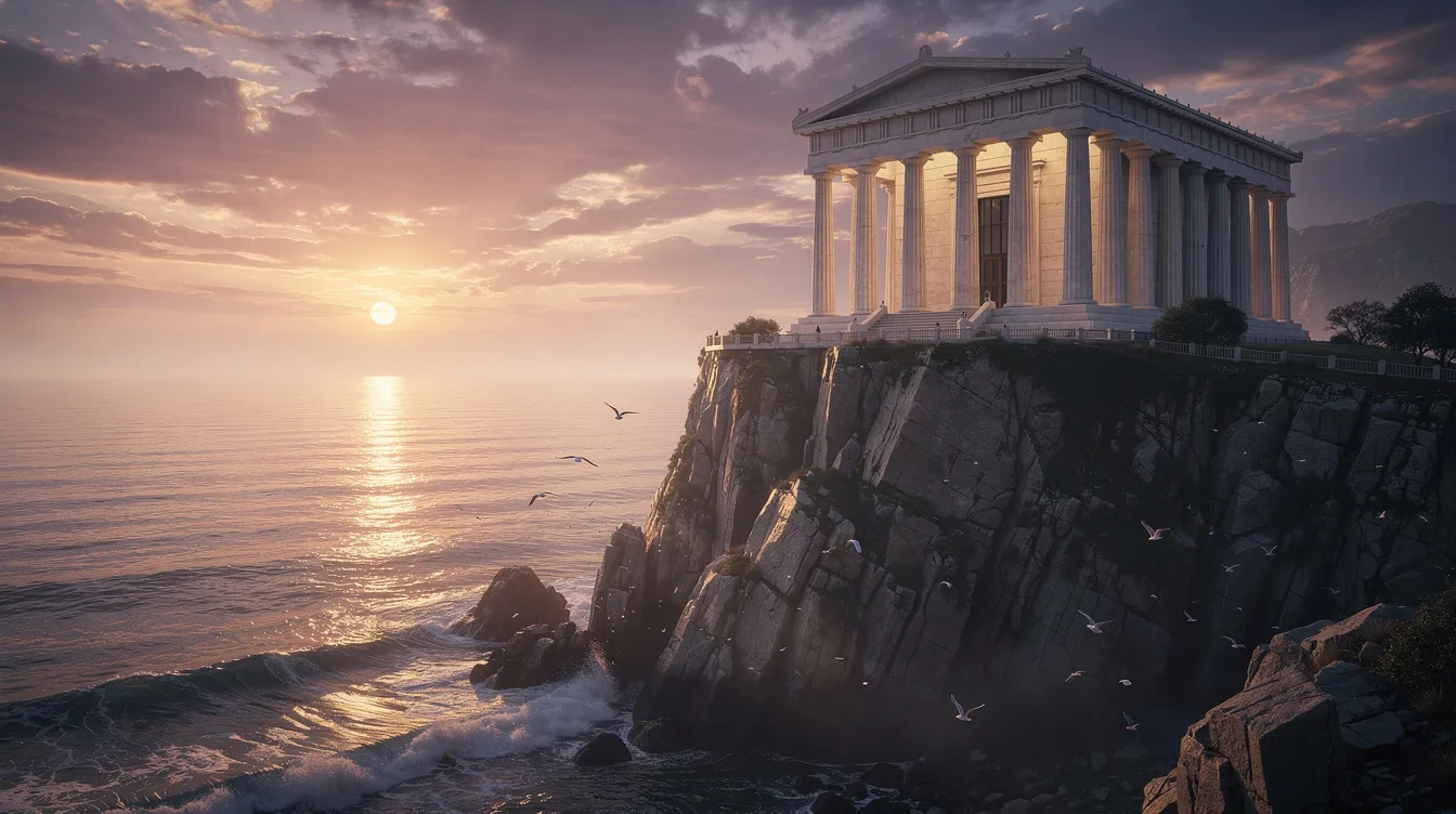 A imagem mostra um impressionante templo de colunas brancas localizado no alto de um penhasco, com o mar Egeu ao fundo, iluminado pelo pôr do sol. Essa estrutura, que remete à Grécia Antiga e ao deus grego Poseidon, oferece uma vista deslumbrante sobre o golfo Sarônico.