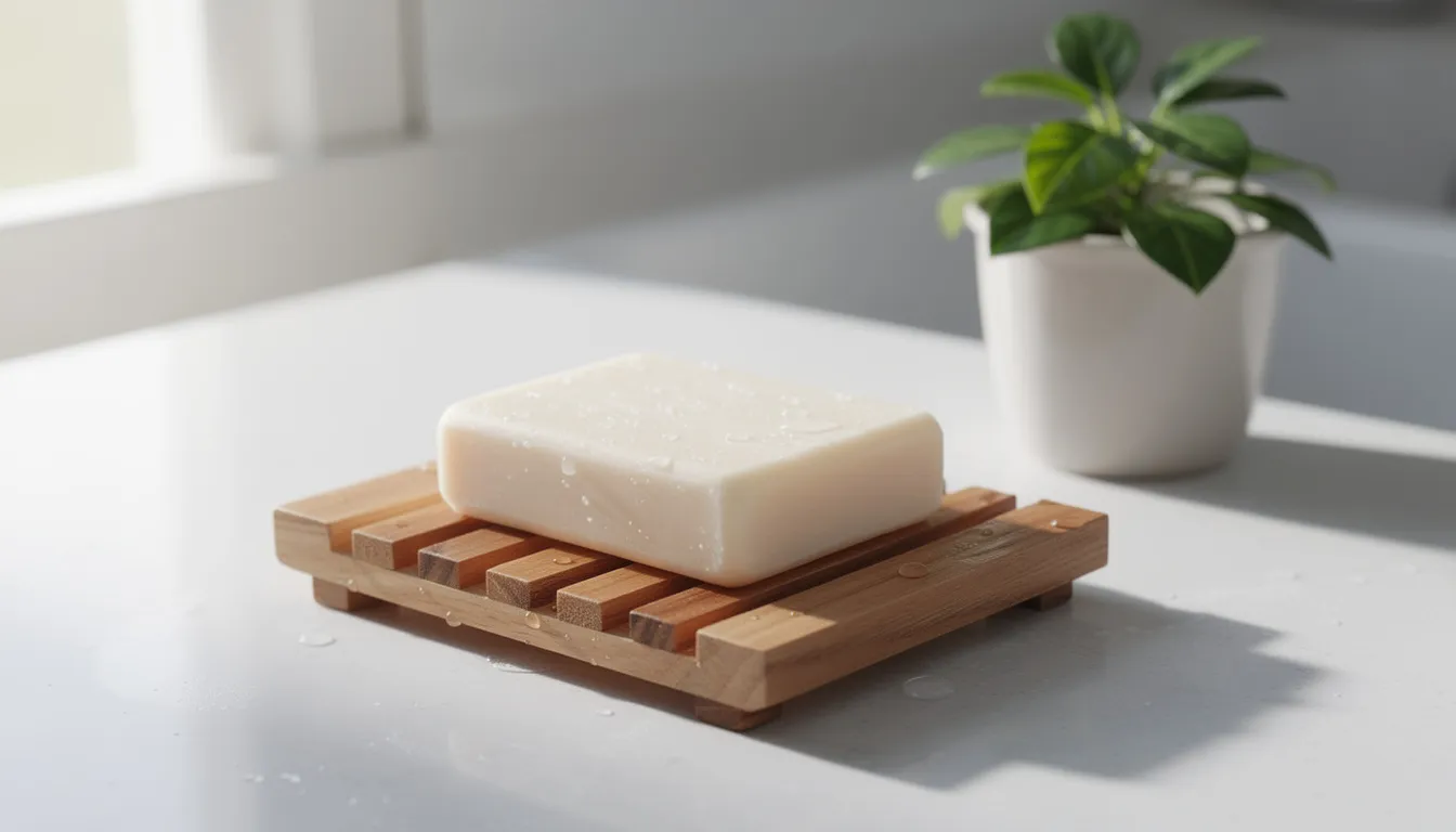 A bar of soap sits on a wooden draining soap dish next to a potted plant, showcasing its natural ingredients and handmade quality. This pure soap, reminiscent of grandma's lye soap, is perfect for sensitive skin and avoids harsh chemicals, making it ideal for dry or itchy winter skin.