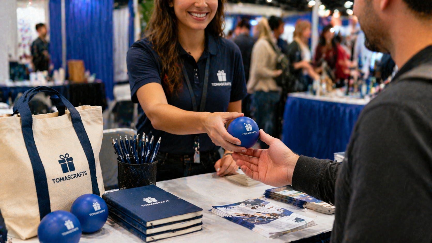 Promotional stress ball being handed out at a trade show booth with tote bags and brochures