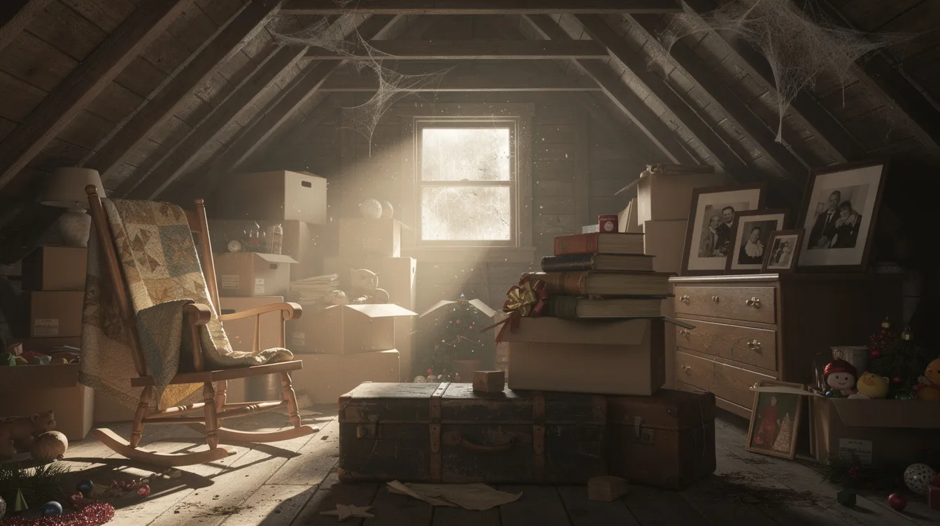 Cluttered attic filled with boxes, old furniture, and stacked belongings before a full house cleanout