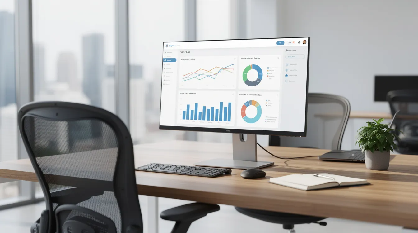 The image depicts a modern office workspace featuring a computer screen displaying an analytics dashboard, symbolizing growth and progress in business. The sleek design and organized setup reflect a commitment to efficiency and success in a professional environment.