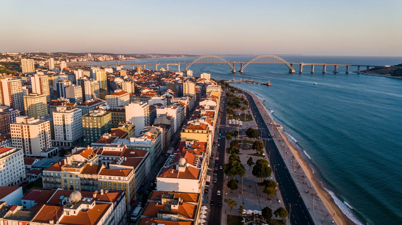 An aerial view of a Portuguese coastal city showcases a cluster of apartment buildings and bridges, illustrating the typical urban landscape near the sea. This vibrant scene represents a common location where residents might calculate their average day against the backdrop of the ocean.