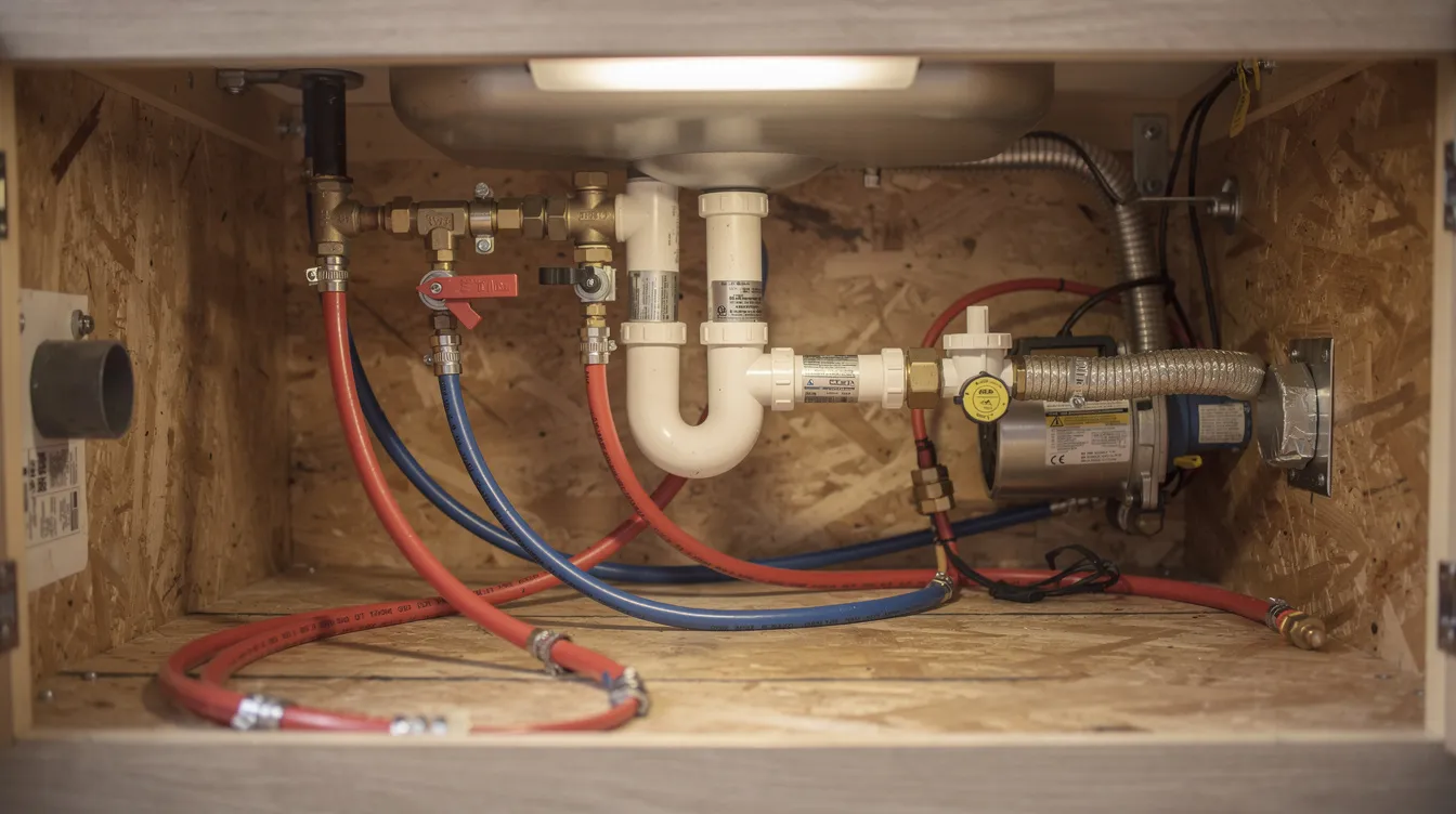The image shows a close-up view of RV plumbing connections and water lines situated under a cabinet, highlighting the intricate plumbing system that RV owners need to maintain to prevent leaks and ensure proper water flow. This area is crucial for addressing common RV problems and performing regular maintenance to avoid costly repairs.