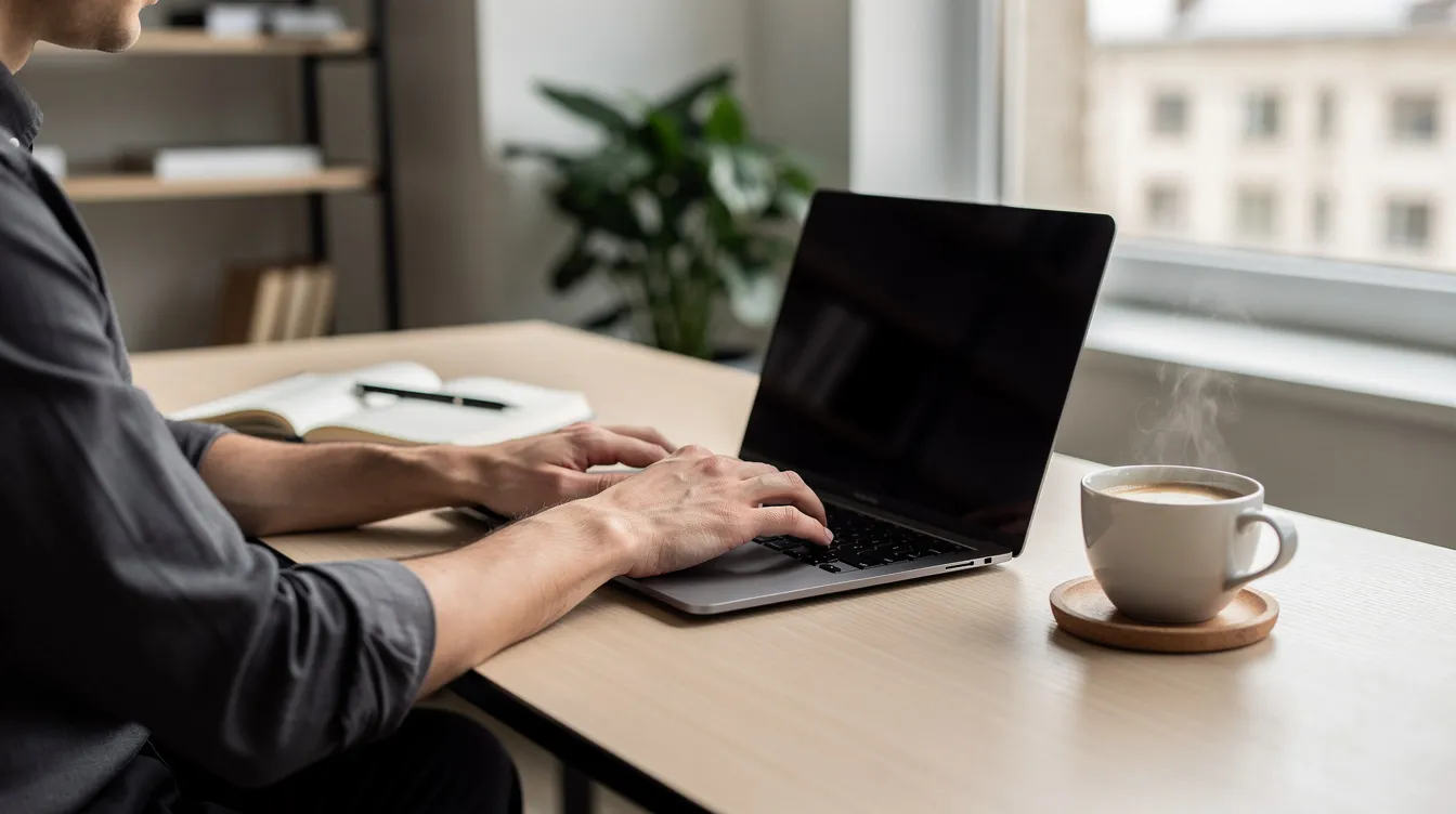 A person is seated at a modern desk, focused on their laptop, with a cup of coffee and a notebook nearby, suggesting they are engaged in job search activities like writing a cover letter or preparing for interviews. The workspace reflects a balance between productivity and comfort, ideal for job seekers navigating their career paths.