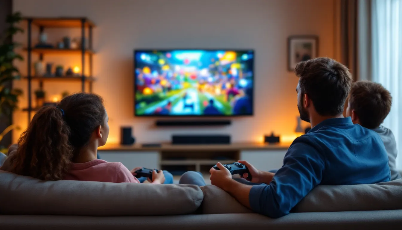 A family is gathered in their living room, enjoying high-speed internet as they stream movies on YouTube TV and play games on an Xbox with wireless controllers. The scene reflects a cozy atmosphere, showcasing the benefits of Verizon's 5G home internet for seamless connectivity and entertainment.