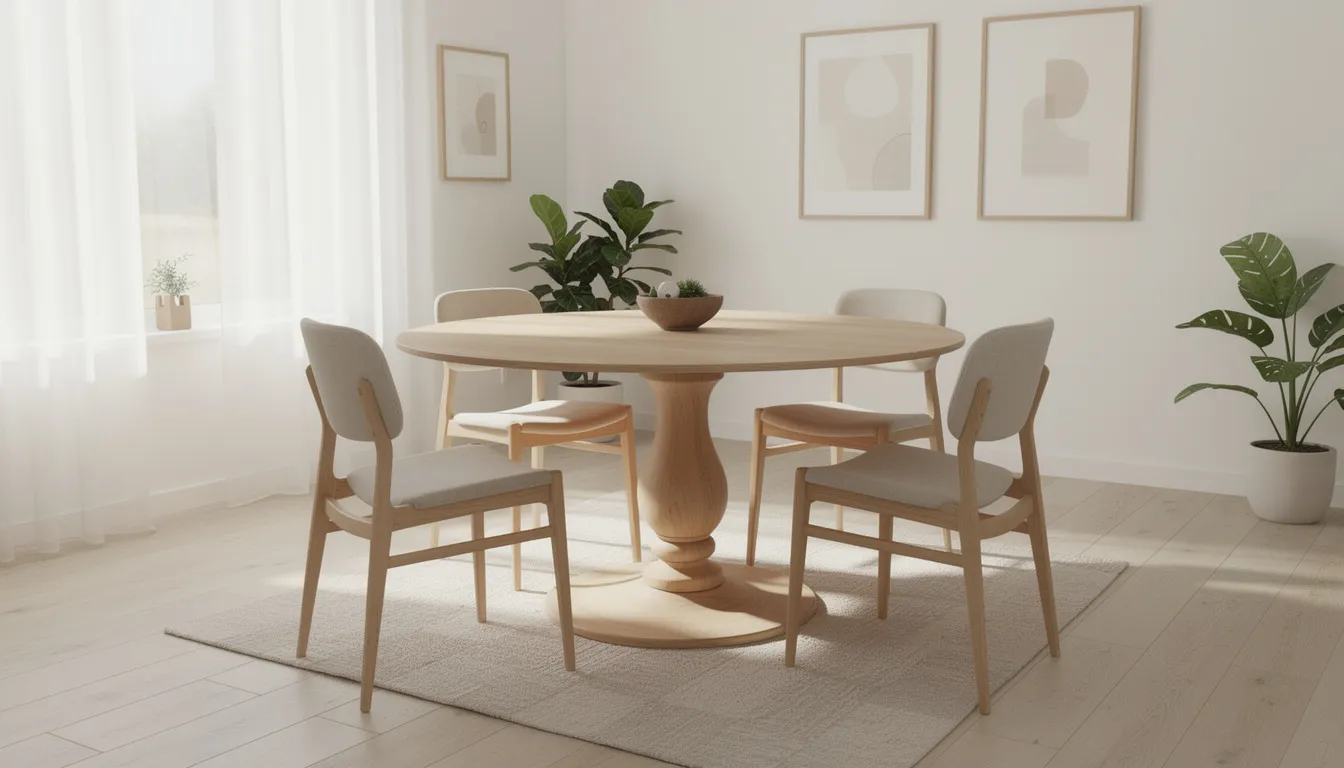 Ett runt matbord med en central pelarfot står i ett ljust vardagsrum, omgiven av flera moderna stolar. Bordet erbjuder en stilren design som passar perfekt för både måltider och sociala tillställningar i hemmet.