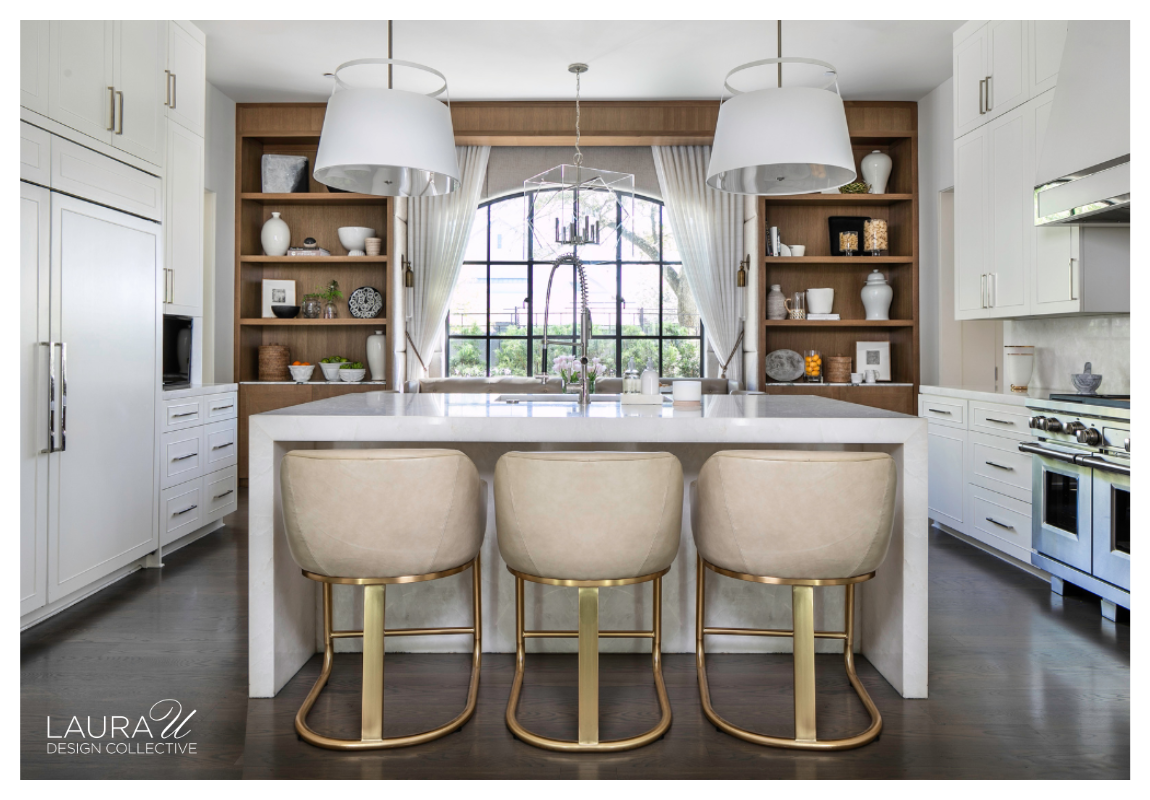 Contemporary white kitchen with warm wood built-in shelving framing a large window above the sink.