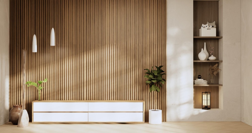 interior wood slat wall ideasfor living room as TV background wall panel