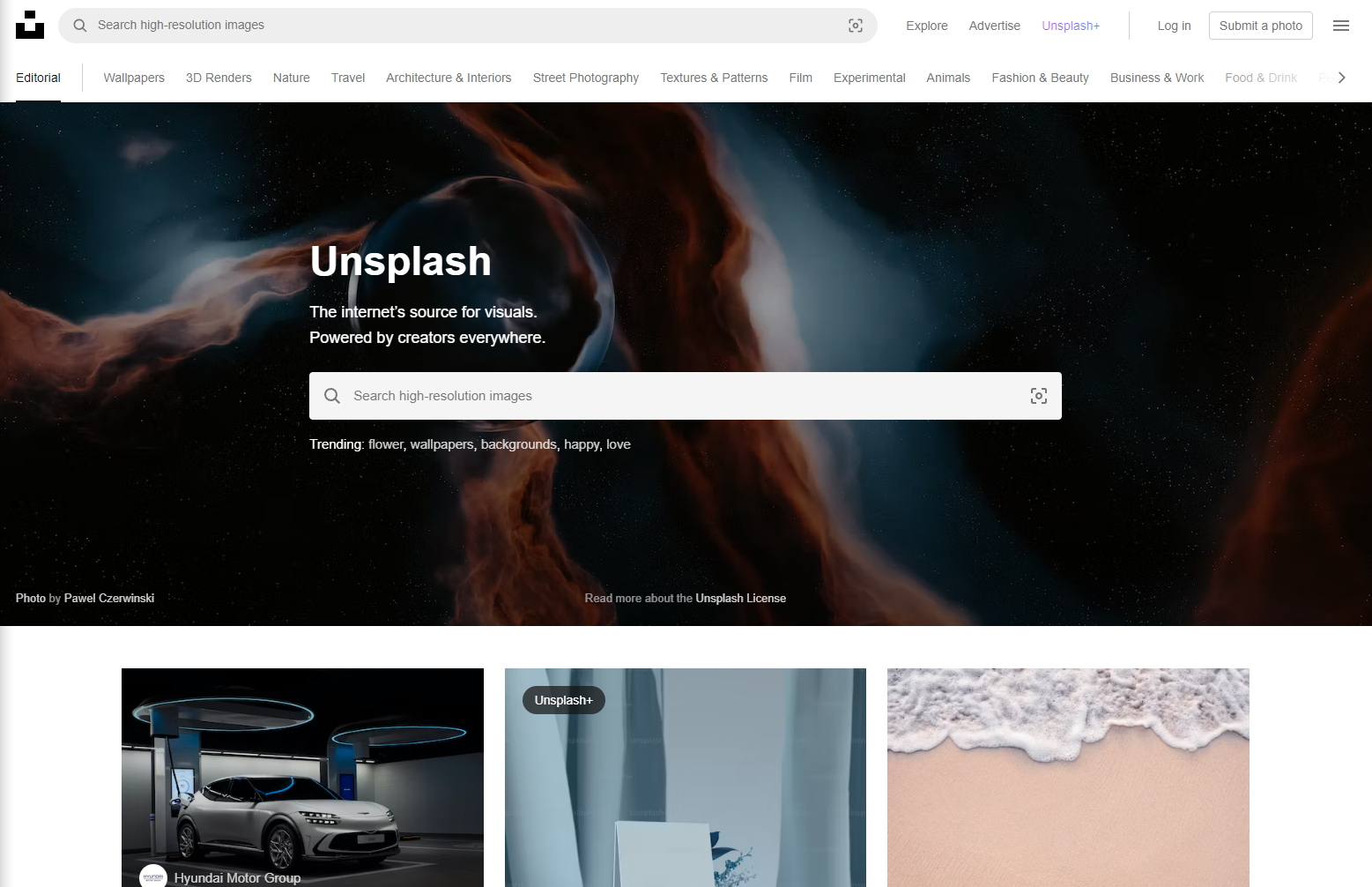 The free tool Unsplash's home page. 