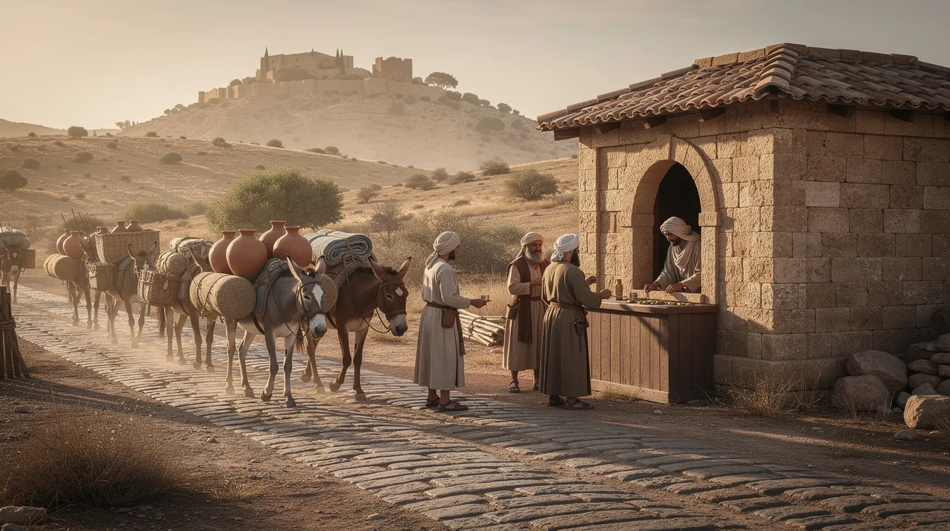 The image depicts a stone toll booth situated along an ancient Roman road, surrounded by a Middle Eastern landscape where merchants and donkeys are passing by, reminiscent of the tax collection practices during Jesus' day under the Roman government. This scene evokes the presence of tax collectors, who often faced disdain from their fellow Jews, highlighting the societal dynamics of that era.