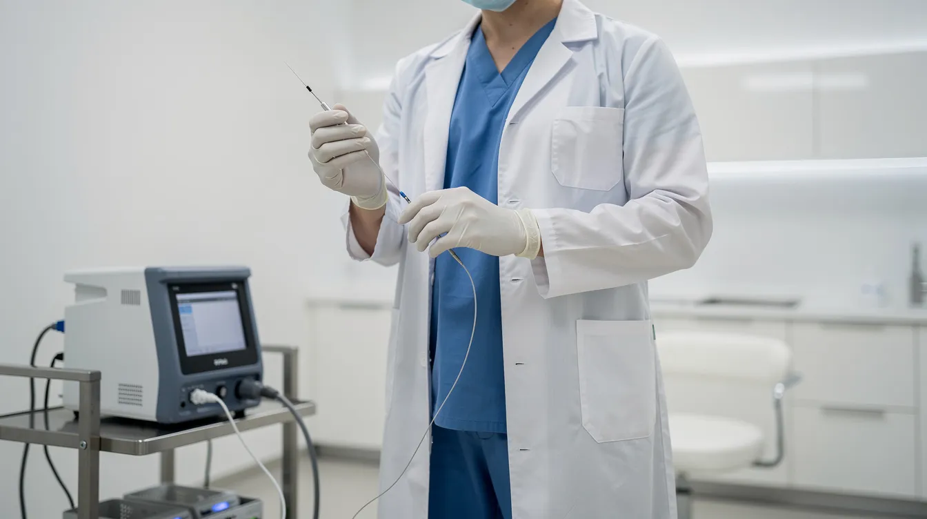 A medical professional is holding a thin endolift laser fiber device in a clean clinical treatment room, ready to perform a non-surgical procedure aimed at tightening skin and improving skin quality. This treatment focuses on collagen production and aims to provide visible lifting and jawline definition with minimal downtime for patients.