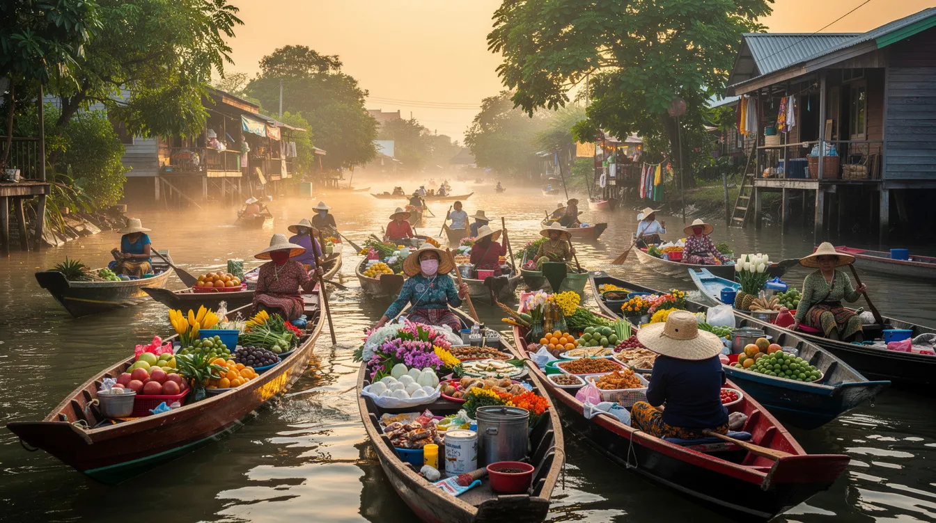 A imagem mostra o famoso mercado flutuante de Damnoen Saduak, em Bangkok, Tailândia, onde barcos coloridos estão cheios de frutas tropicais e comidas típicas, como o famoso pad thai. O cenário é vibrante, com vendedores tailandeses interagindo com turistas em um ambiente animado e autêntico do sudeste asiático.