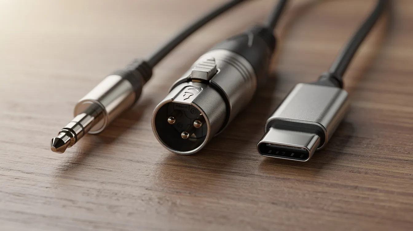 Auf einem Holztisch liegen drei verschiedene Audiostecker nebeneinander: ein kleiner 3,5-mm-Klinkenstecker, ein dreipoliger XLR-Stecker und ein USB-C-Stecker. Diese Stecker repräsentieren verschiedene Mikrofontypen, die in der Audio- und Videoproduktion verwendet werden, um eine hohe Audioqualität zu gewährleisten.