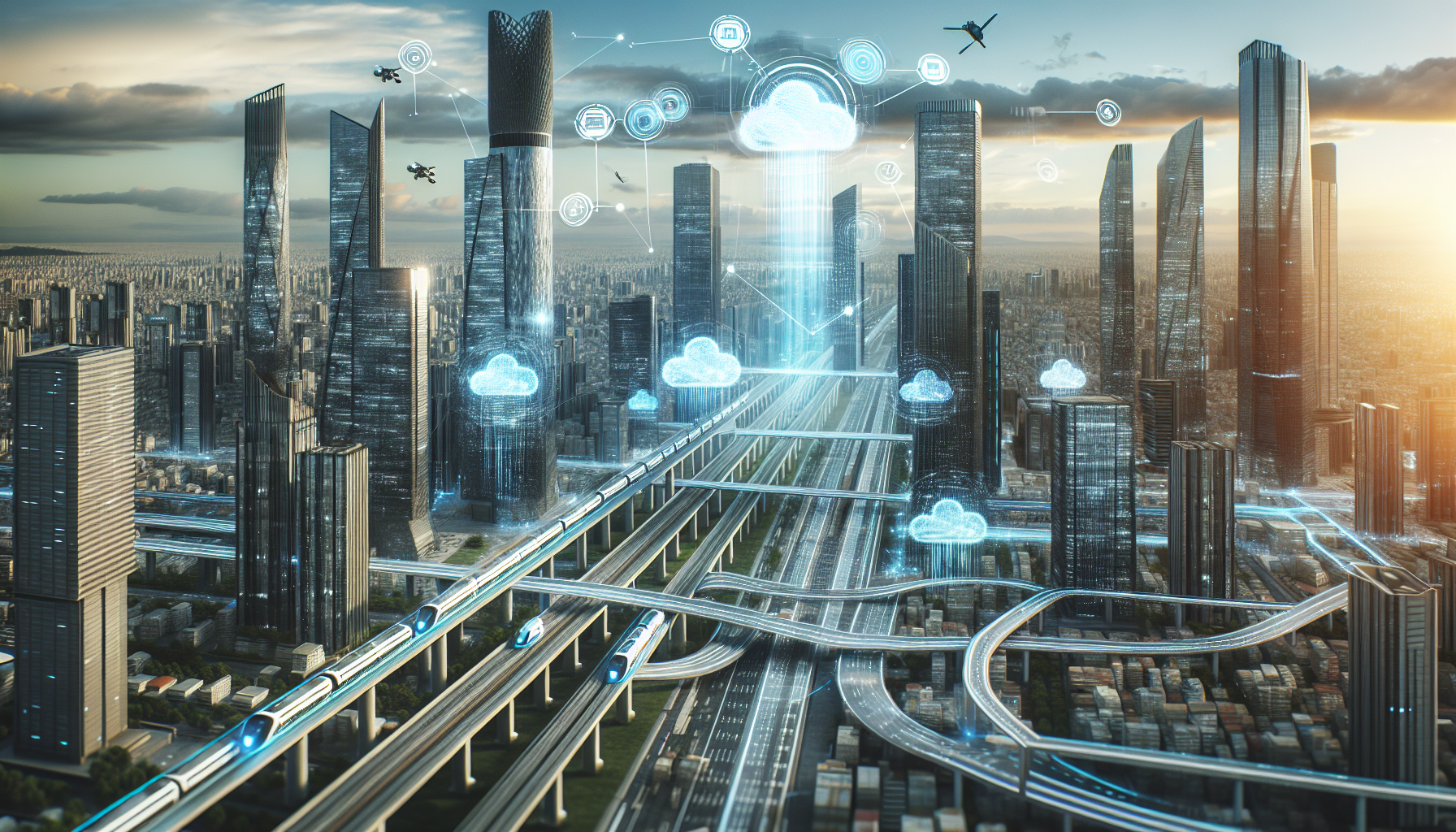 Illustration of a futuristic city skyline representing emerging technologies and cloud computing