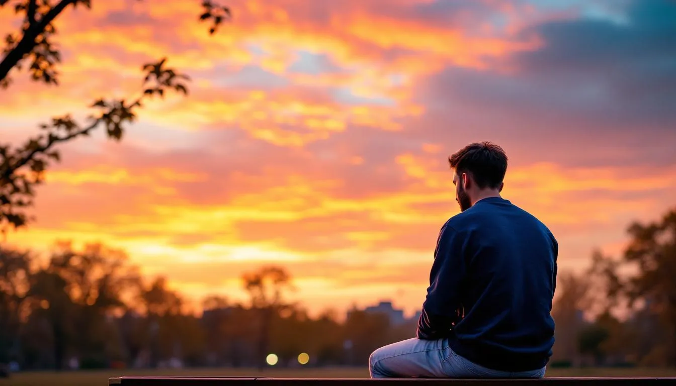 A person sits alone in contemplation against a vibrant sunset, embodying feelings of emotional emptiness and reflecting on their mental health condition. The serene backdrop emphasizes the hollow feeling that can accompany adult life, evoking thoughts of self-care strategies and the importance of seeking support for emotional fulfillment.