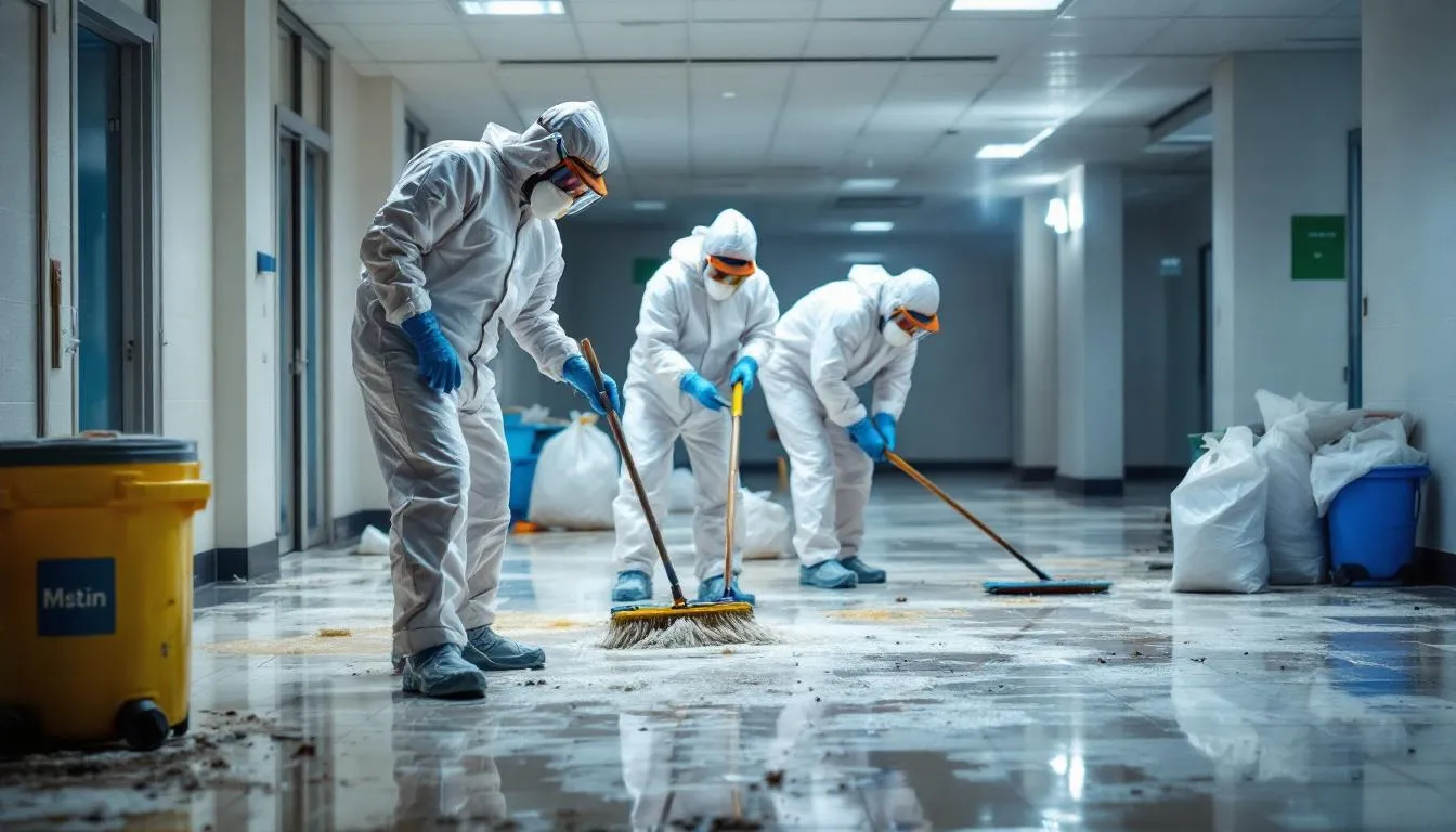 A professional cleanup crew, dressed in full personal protective equipment, is meticulously cleaning a contaminated area that may contain human feces and other bio hazardous materials. Their careful approach is crucial for preventing exposure to infectious diseases and ensuring the safety of human health in the vicinity.