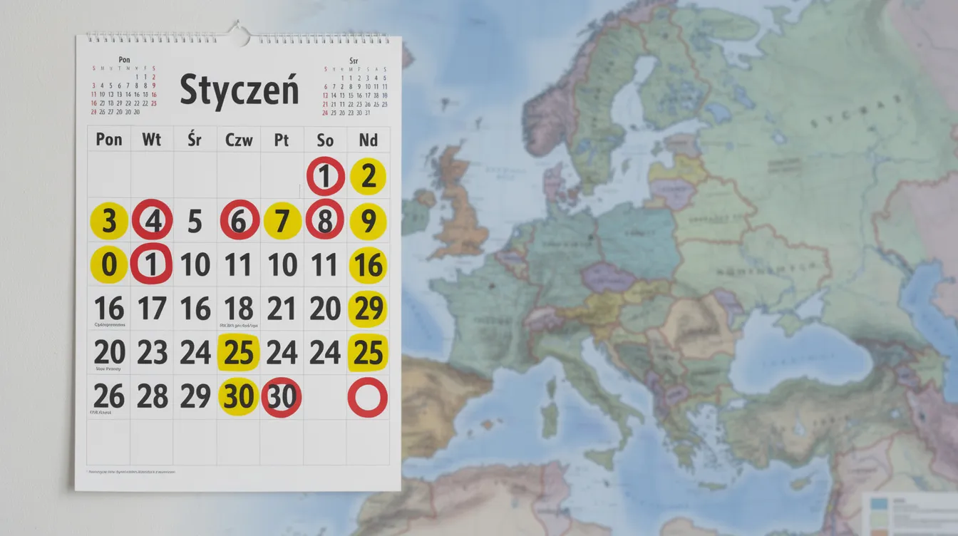 Na obrazie widoczny jest kalendarz ścienny z zaznaczonymi ważnymi datami, umieszczony na tle mapy Europy, co może być przydatne w kontekście nauki o II wojnie światowej, zwłaszcza dla uczniów klasy 8. Mapa ilustruje terytorium Polski oraz inne kluczowe miejsca związane z wydarzeniami historycznymi.