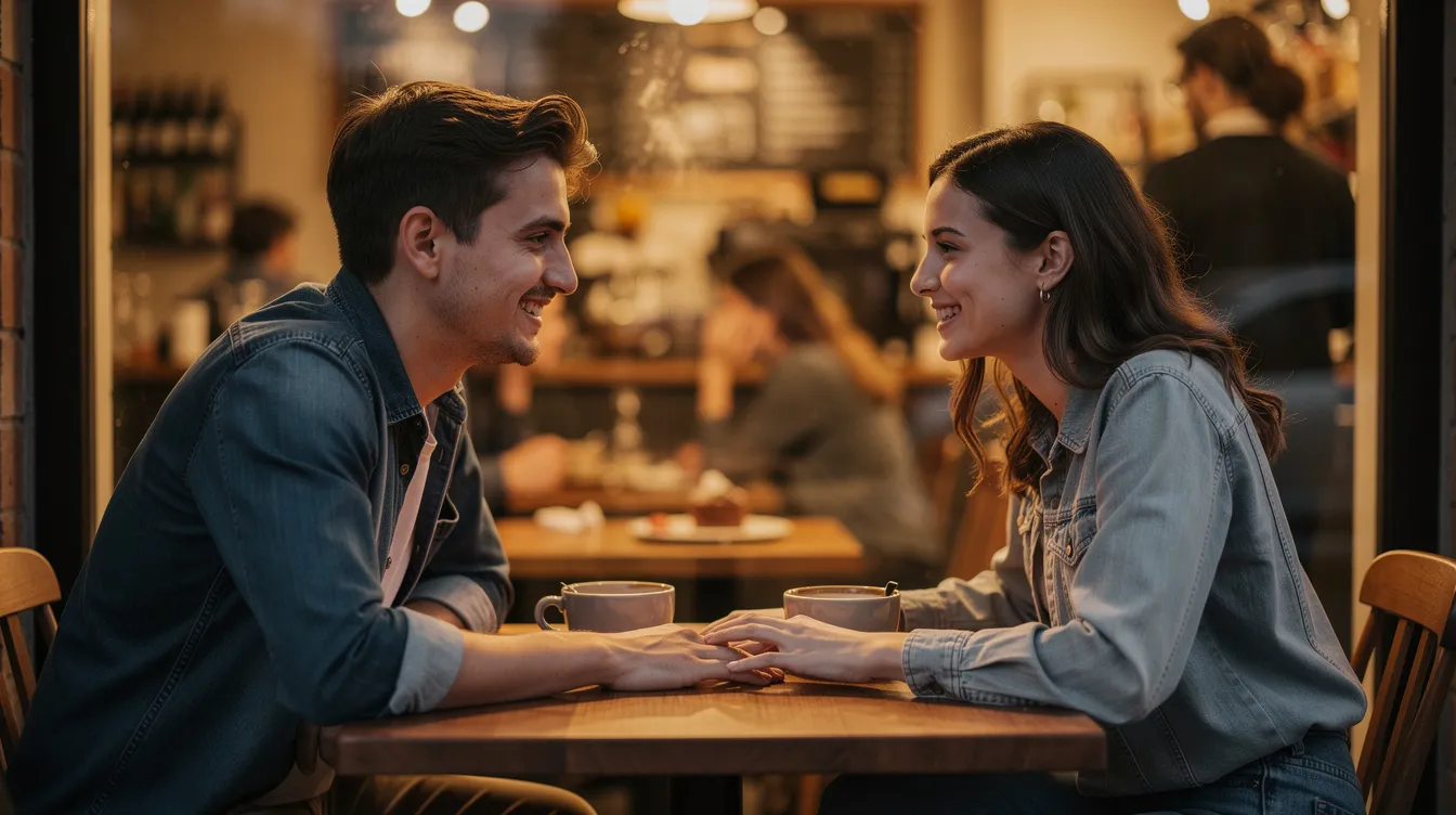 A couple is sitting at a cozy café, engaged in a meaningful conversation on their first date. They are smiling and appear to be enjoying each other's company, as they ask deeper questions to build an authentic connection and ensure they are on the same page about their core values.