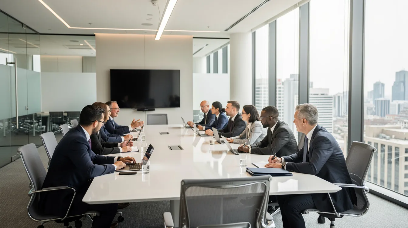 Das Bild zeigt einen modernen Konferenzraum, in dem Führungskräfte um einen langen Tisch sitzen und sich intensiv an einer strategischen Diskussion beteiligen. Durch große Fenster strömt Tageslicht in den Raum und schafft so eine Atmosphäre, die der Zusammenarbeit sowie der Auseinandersetzung mit dem Markenzweck und den Werten des Unternehmens förderlich ist.
