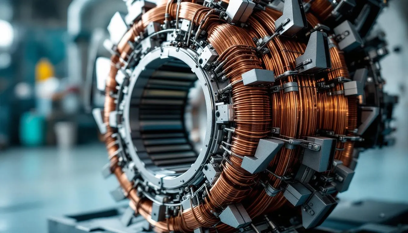 El estátor de un generador eléctrico se muestra en la imagen, destacando las bobinas de cobre y las laminaciones de acero que forman parte esencial de su funcionamiento. Este dispositivo es clave en el proceso de conversión de energía mecánica en electricidad, utilizando principios como la ley de Faraday para generar corriente alterna.