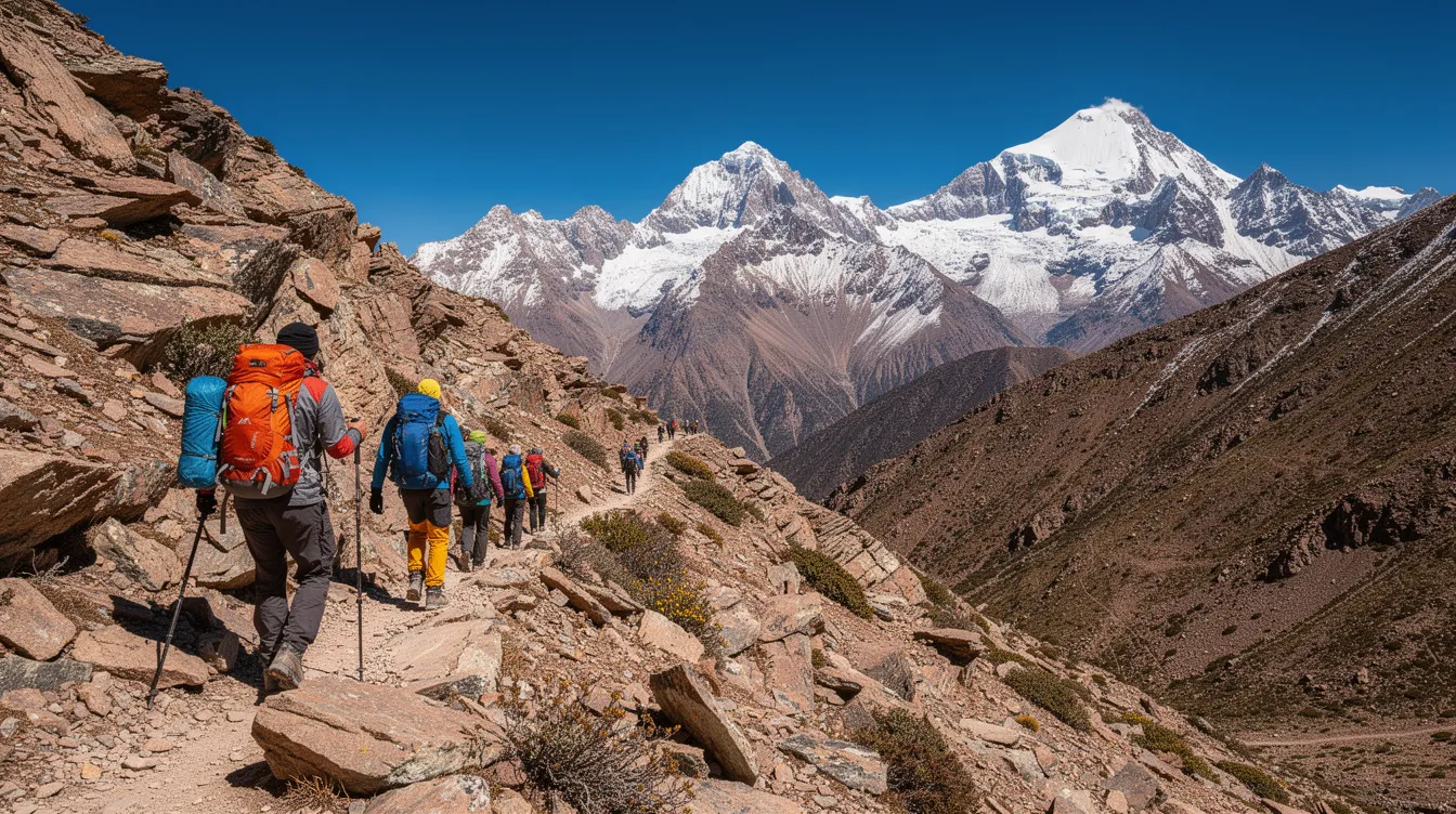 A group of hikers navigates a rocky mountain trail with the stunning snow-capped peaks of the Atlas Mountains in the background, under a clear blue sky. This adventurous scene showcases the diverse landscapes of Morocco, inviting visitors to explore the beauty of North Africa's highest mountains.