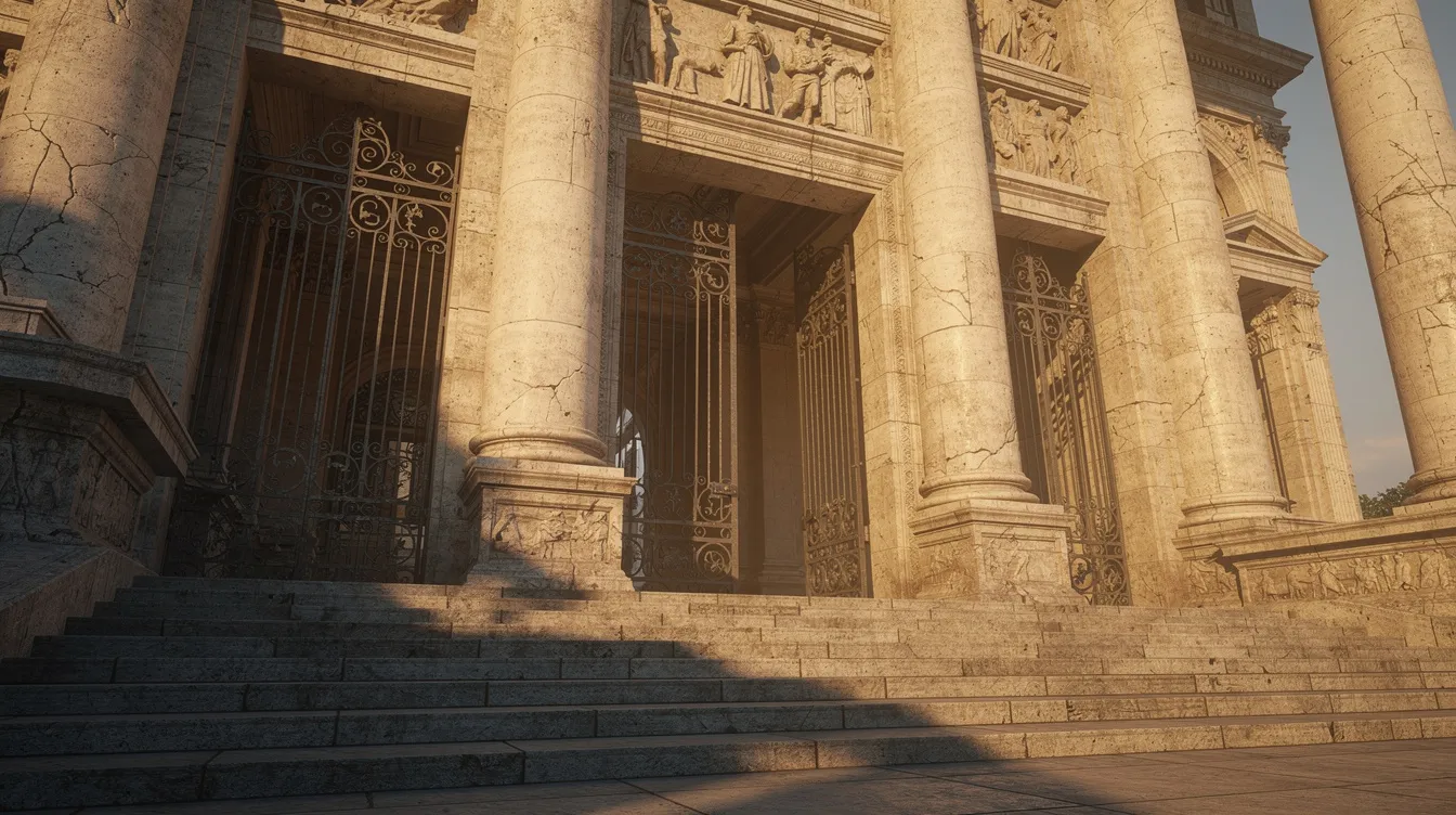 The image depicts a grand ancient stone temple building with tall, ornate columns and intricate gates, bathed in golden sunlight, reminiscent of the sacred structures from the second temple period in Jerusalem. This majestic architecture symbolizes Jewish religious life and serves as a focal point for the Jewish people throughout history.