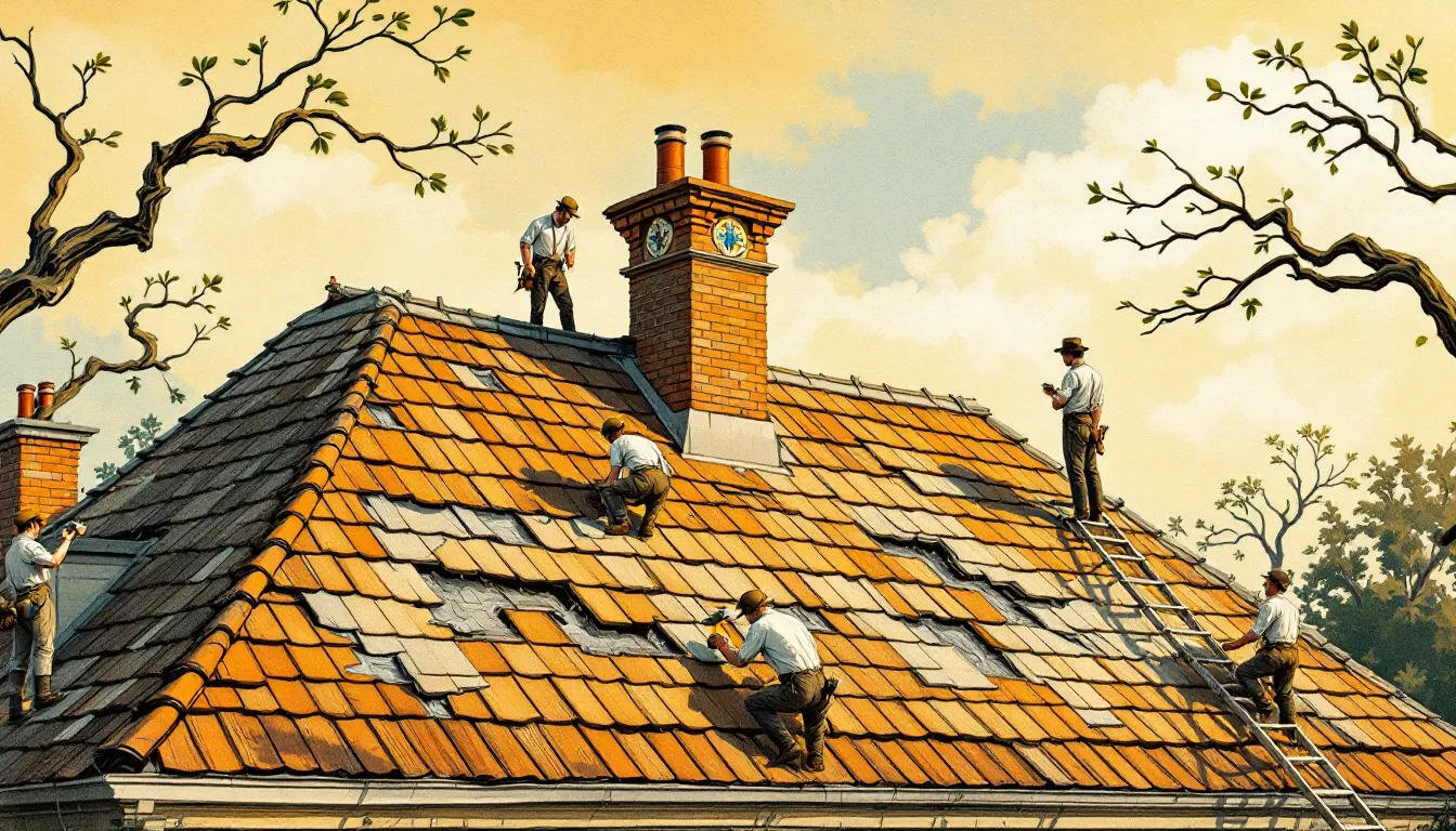 A roofing team working on extensive roof damage repair, demonstrating full roof repair services.