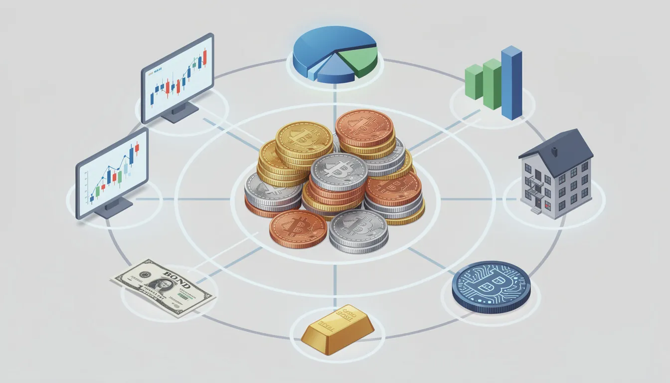 The image showcases a variety of diverse coins alongside investment symbols, illustrating the concept of portfolio diversification for retirement investors. This visual emphasizes the importance of asset allocation and investment strategies to achieve financial security and retirement income.