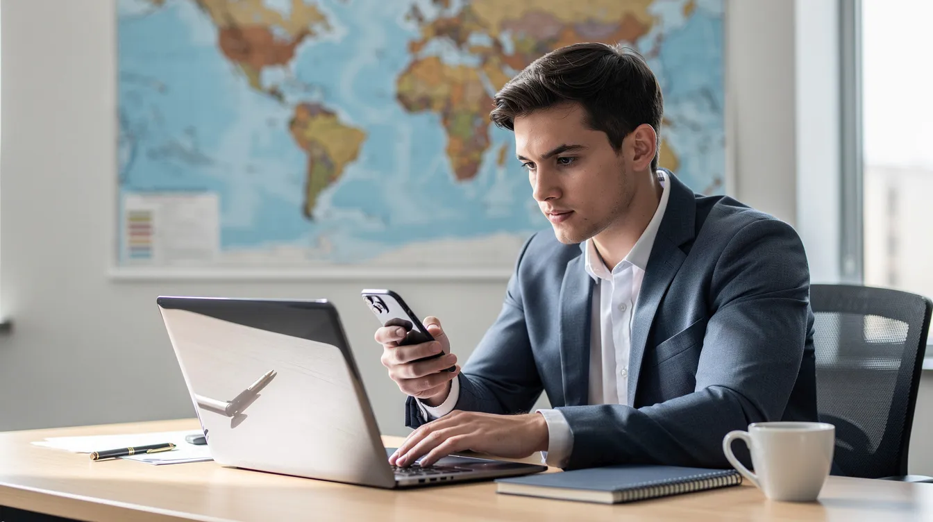 A young professional is seated at a desk, using a laptop and a phone, with a world map prominently displayed in the background. This image reflects the global connectivity of overseas Pakistanis, emphasizing the importance of remittances and the Sohni Dharti Remittance Program for sending money to loved ones in Pakistan.