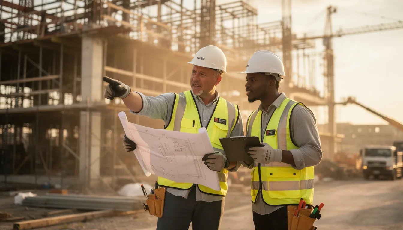 The image depicts an experienced construction worker in a hard hat, guiding a younger worker at a job site, highlighting the importance of mentorship in addressing the construction workforce shortage. This interaction emphasizes the need for skilled workers in the construction industry to ensure successful project completion and career development opportunities for the next generation.