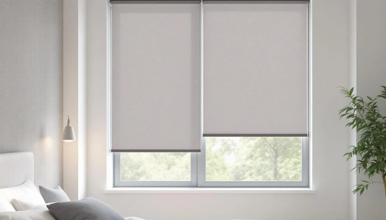 Electric roller shades enhancing energy efficiency in a modern bedroom.