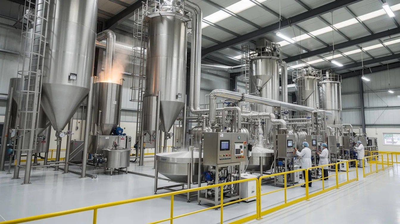 The image depicts an industrial milk powder manufacturing plant featuring large spray drying towers and stainless steel processing equipment, essential for the production of various dairy products such as whole and skimmed milk powder. This facility plays a crucial role in the milk powder industry, focusing on efficient processing and energy costs to meet the growing demand for milk powder in food processing and infant nutrition.