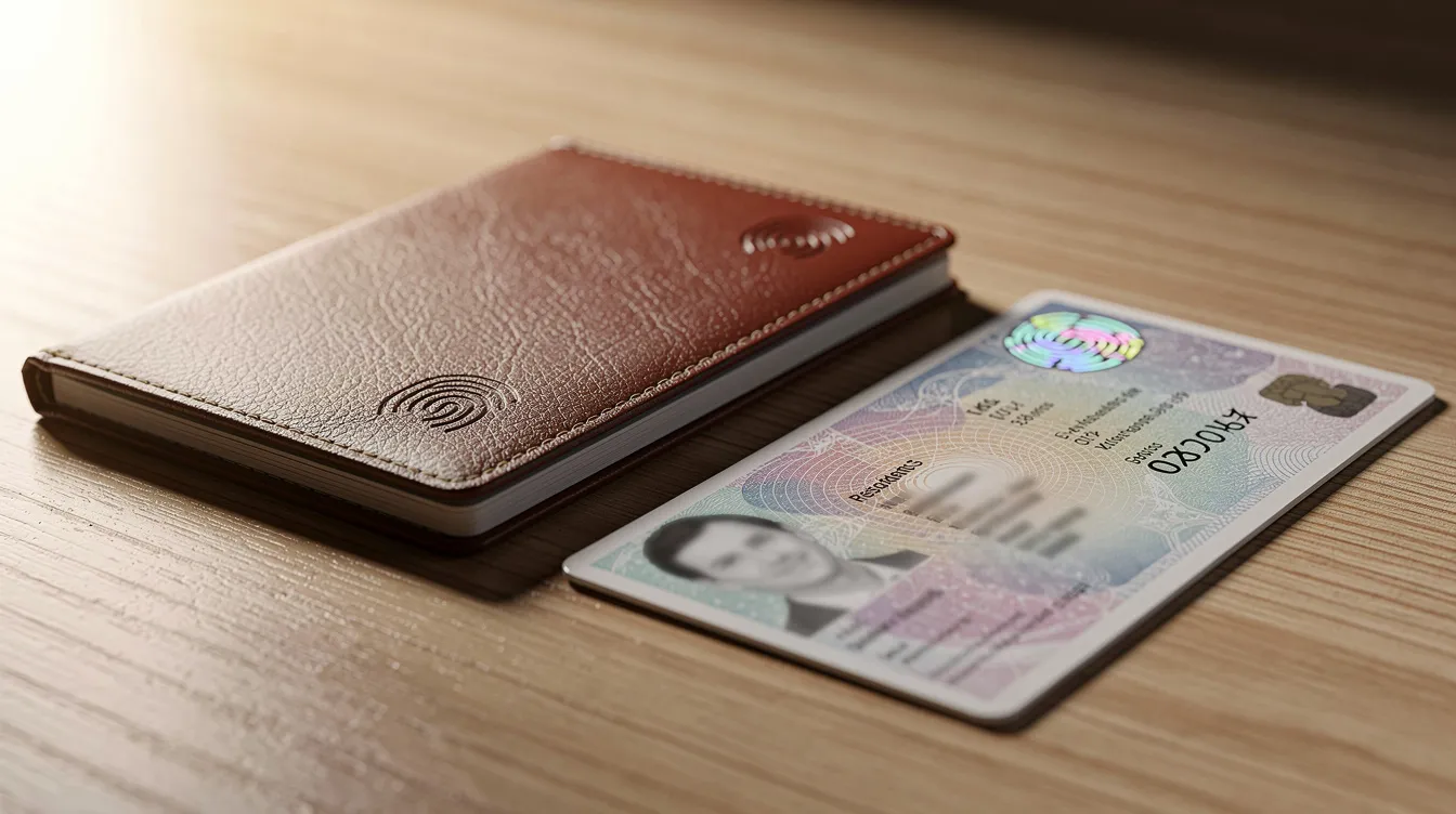 The image shows a passport and a residence permit card neatly arranged on a wooden desk, symbolizing the immigration process in the Republic of Ireland. These documents are essential for non-EEA nationals seeking immigration permission and status within the Irish state.