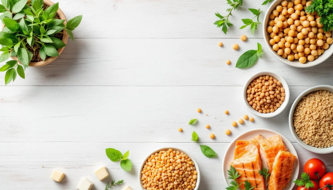 A variety of healthy protein sources including lean meats and plant-based options on a table.