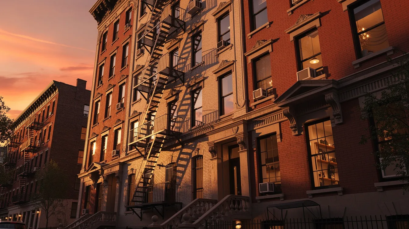 The image depicts a New York City apartment building façade bathed in the warm glow of sunset, showcasing its architectural details and inviting atmosphere. This scene reflects the essence of property management, emphasizing the importance of maintaining rental buildings to enhance long-term value for property owners and residents alike.
