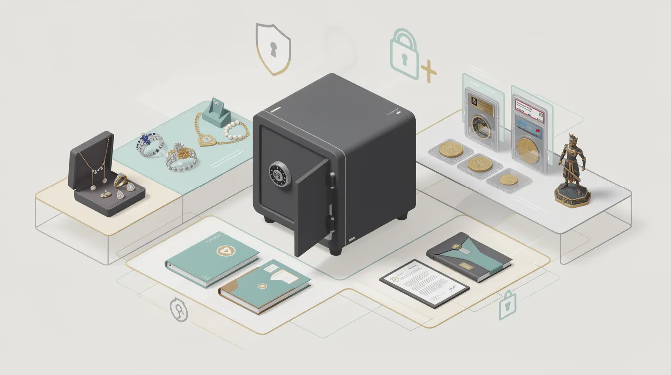 A fireproof safe containing valuable jewelry and collectibles.